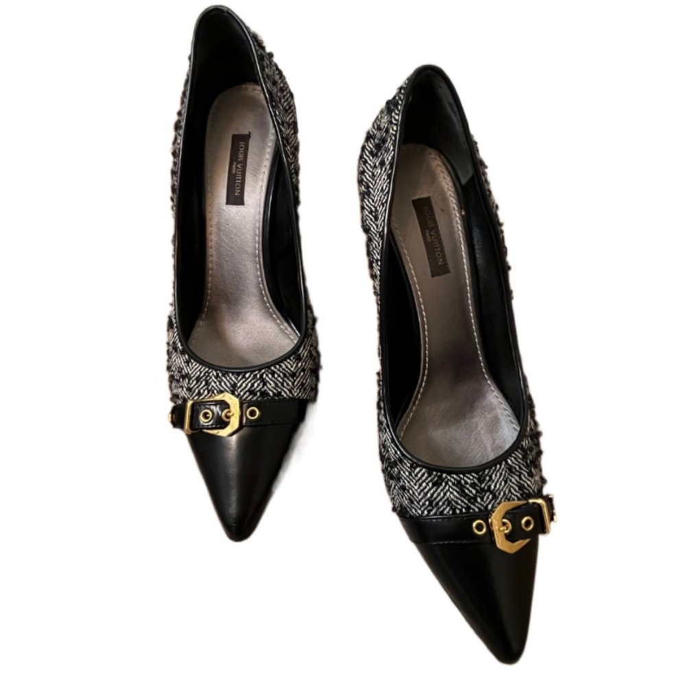 Louis Vuitton Black Leather Tweed Heels Size 37.5 - Picture 5 of 13
